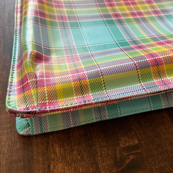 NWOT Gorgeous Baekaard Real Leather Teal/Pink/Yellow Plaid Square Purse - Picture 4 of 8